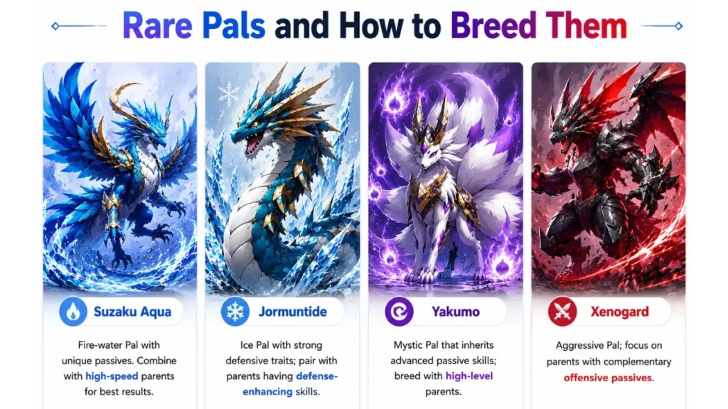 Palworld Breeding Guide infographic featuring rare Pals like Suzaku Aqua, Jormuntide, Yakumo, and Xenogard with breeding combinations, passive skills, and breeding strategies.