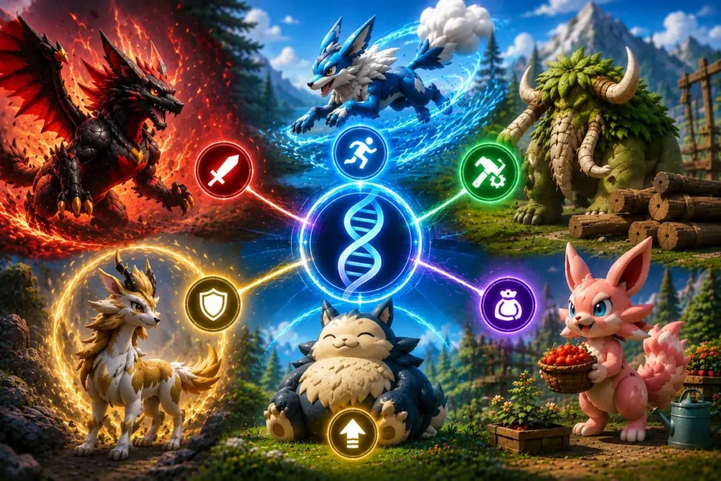 Palworld Breeding Guide illustration showing passive skills and traits with fantasy Pals, breeding mechanics, combat abilities, work efficiency, and rare trait combinations.
