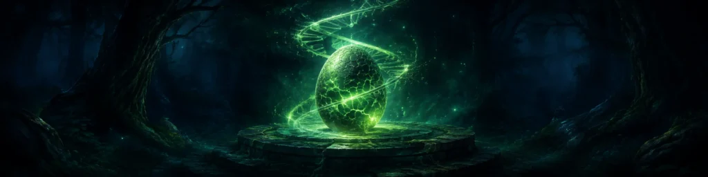 Glowing magical egg with green bioluminescent light representing Palworld passive skill breeding